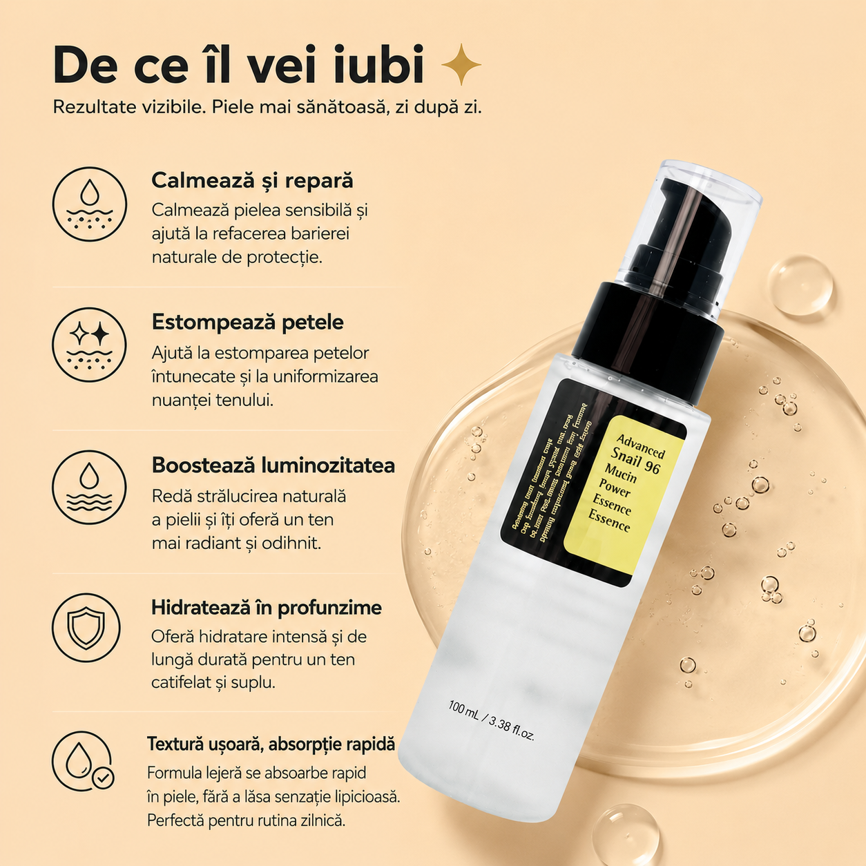 Serul Coreean cu Mucină de Melc 96% – Ten Luminos și Hidratat